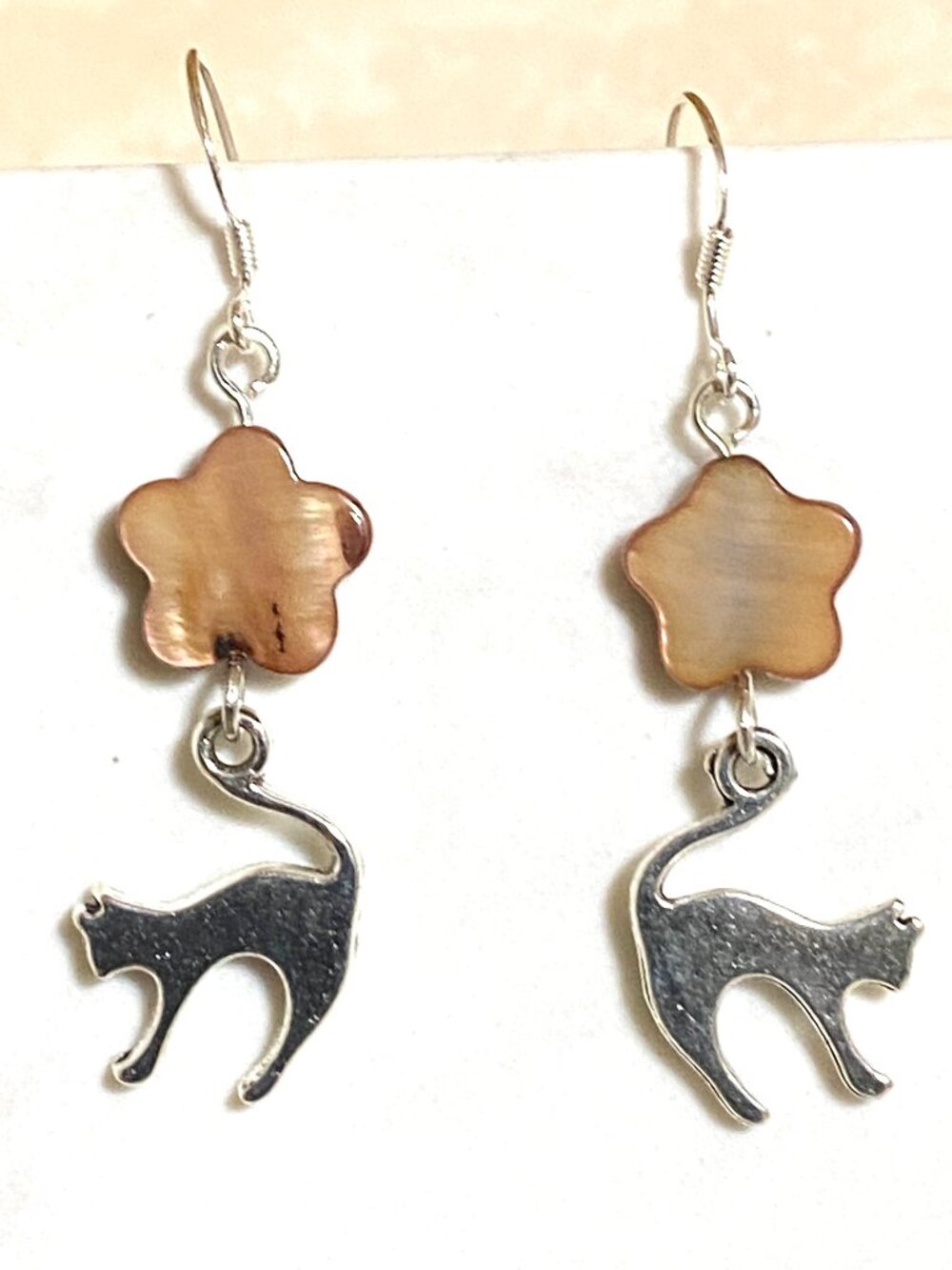 2/$20, Dark Mother of Pearl Flower & Slim Cat Earrings w/ Sterling Silver Hook